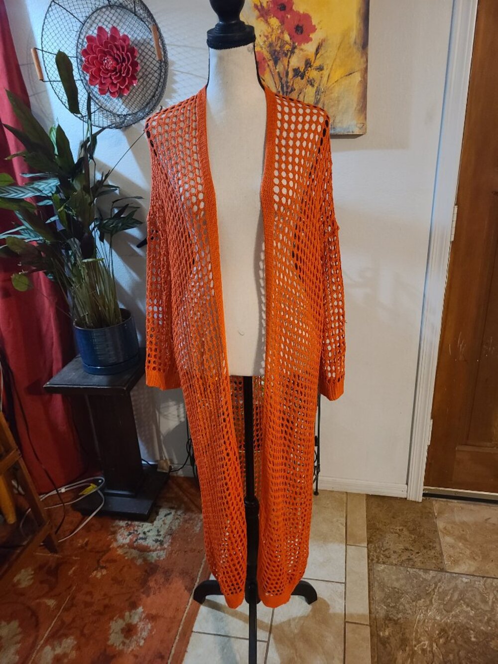 Orange Crochet Duster SZ L Open Front Hippie Gypsy Bohemian Long Sleeve